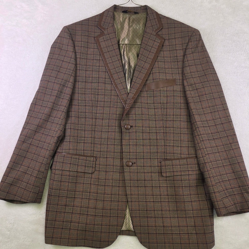 Fortini Italiana Collezione Brown Plaid Virgin Merino Wool Blazer Leather 42R